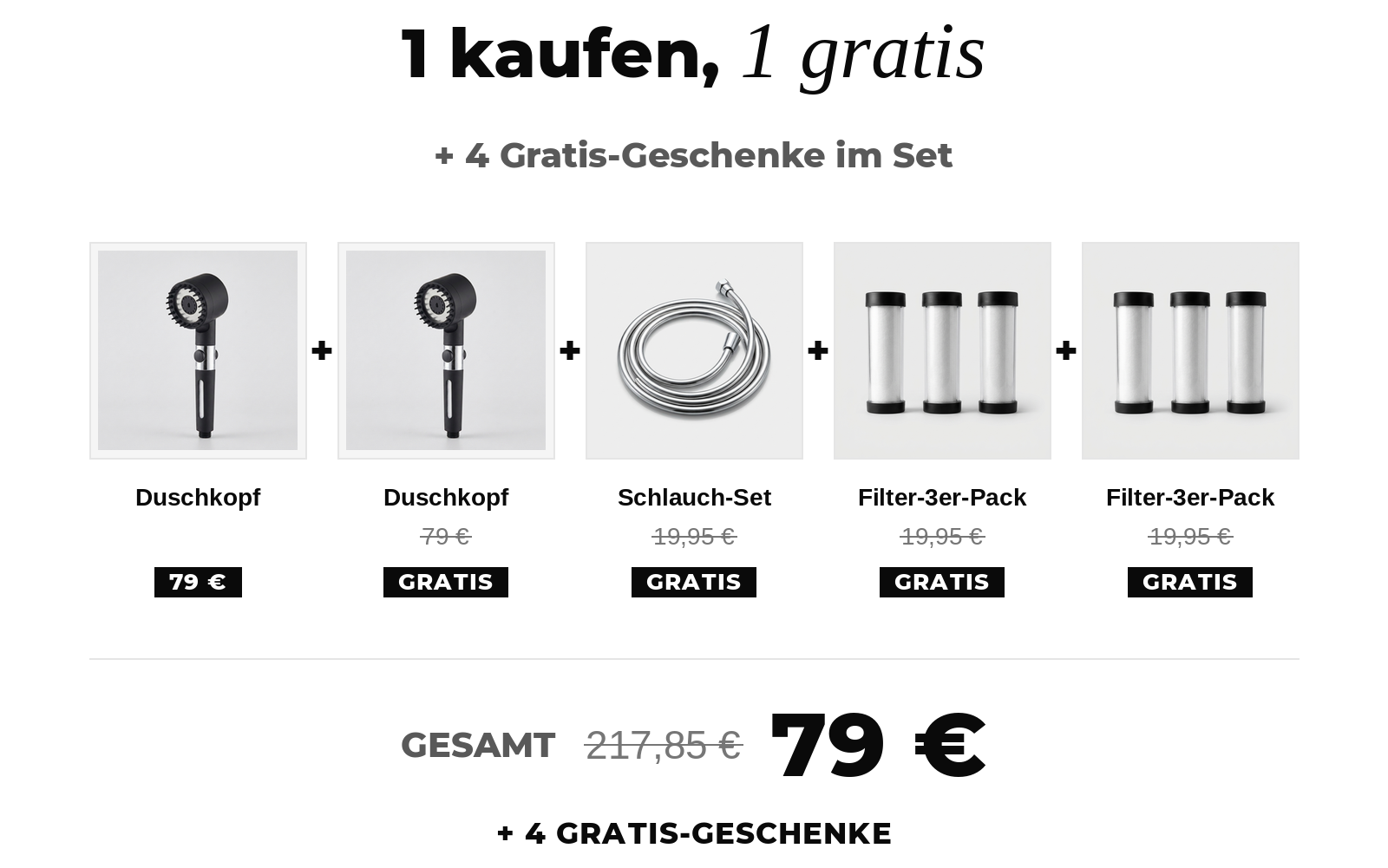 REIN Set: 2 Duschköpfe, Schlauch-Set und 2 Filter-3er-Packs,1 kaufen, 1 gratis plus 4 Geschenke